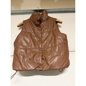 Almost Famous Brown Faux Leather Puffer Vest Sleeveless Snap Front Size M